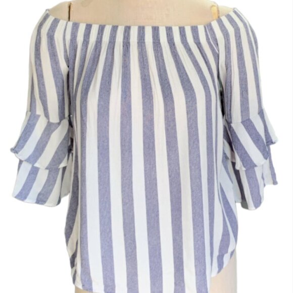 Moa Moa Top BOHO Off Shoulder 3/4 Bell Sleeve Sz S Striped Blue & White #80J - Picture 1 of 8